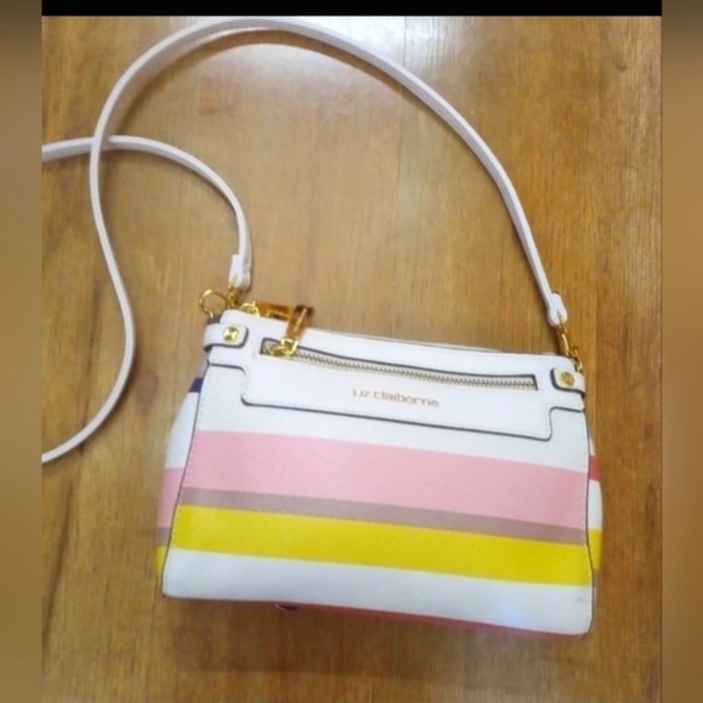 Liz Claiborne Striped Crossbody Bag White Pink Yellow Gold Hardware Small Purse - Picture 7 of 7